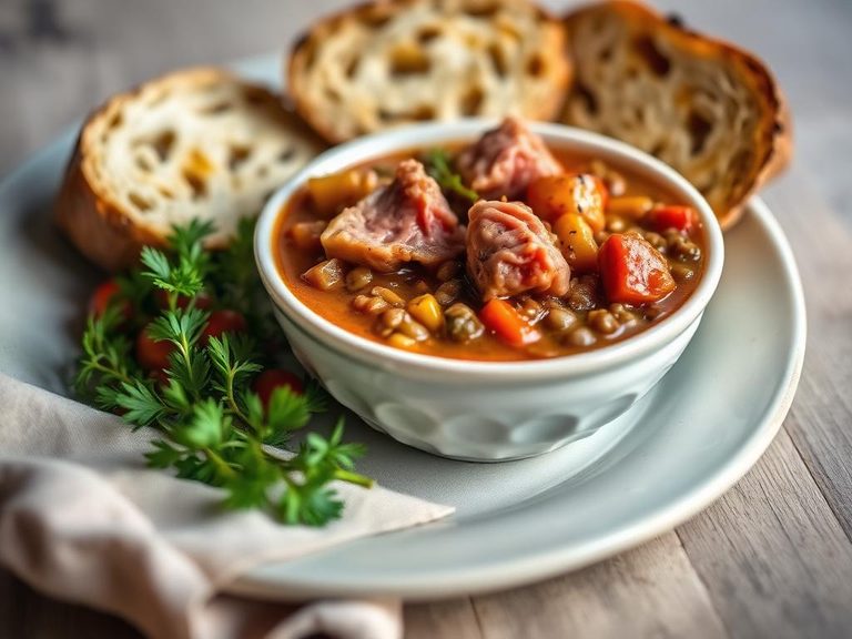 Ham and lentil stew with crusty bread