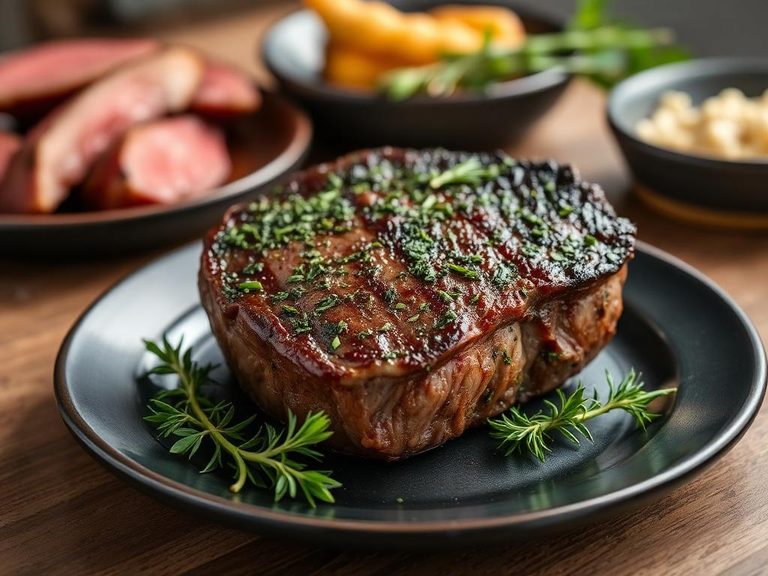 Herb-crusted rib eye steak
