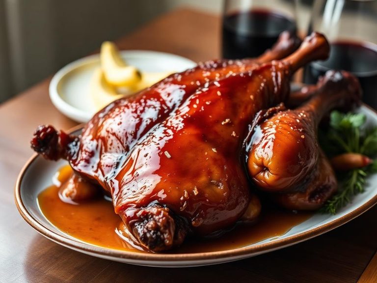 Honey and wine-glazed roasted duck