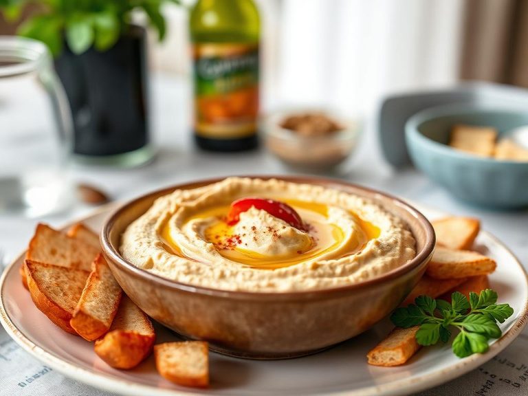 Hummus bowl with toppings (olive oil, paprika)