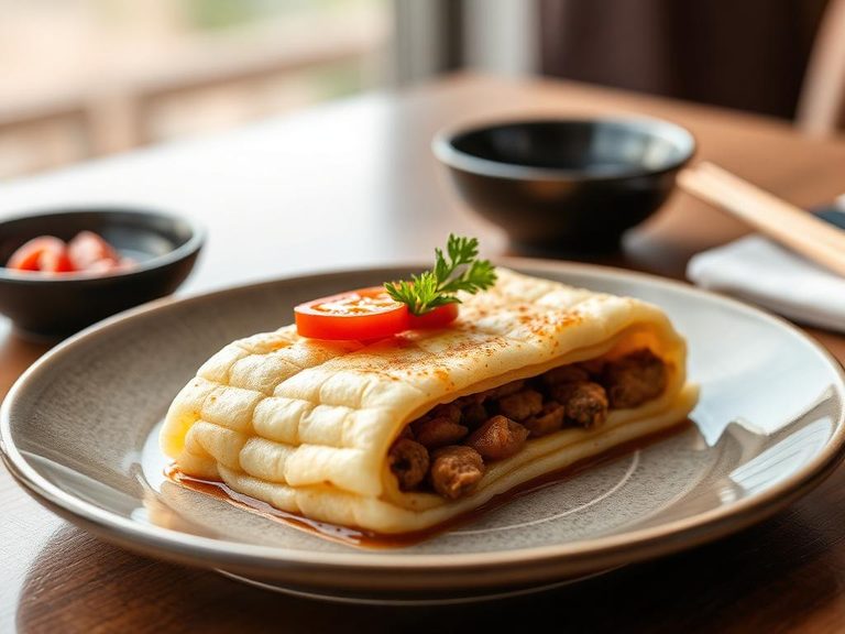 Japanese tamagoyaki with meat and tomato