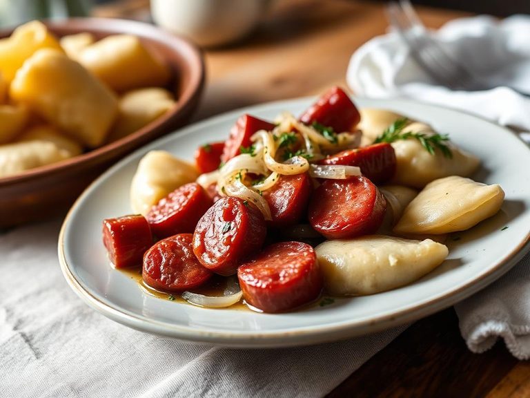 Kielbasa with Pierogies and Onions