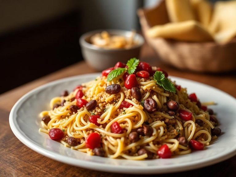 Koshari (Egyptian lentil, rice, and pasta dish with red beans)