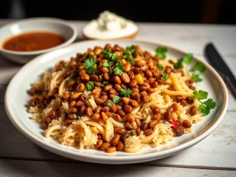 Koshary (Egyptian lentils, rice, and pasta)
