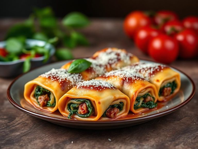 Lasagna rolls with meat and spinach