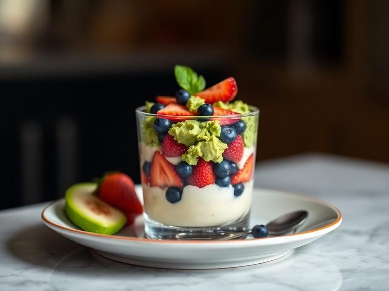 Layered in a fruit parfait with mashed avocado