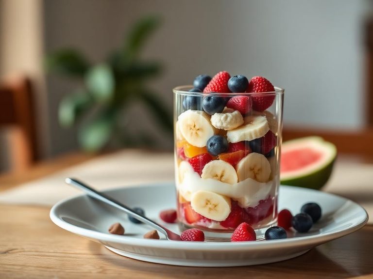 Layered in a fruit parfait with mashed banana