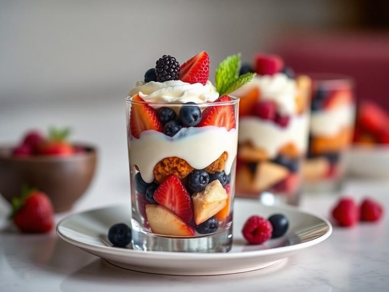 Layered in a parfait with fruit and cream