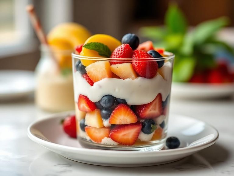 Layered in a simple fruit parfait with yogurt
