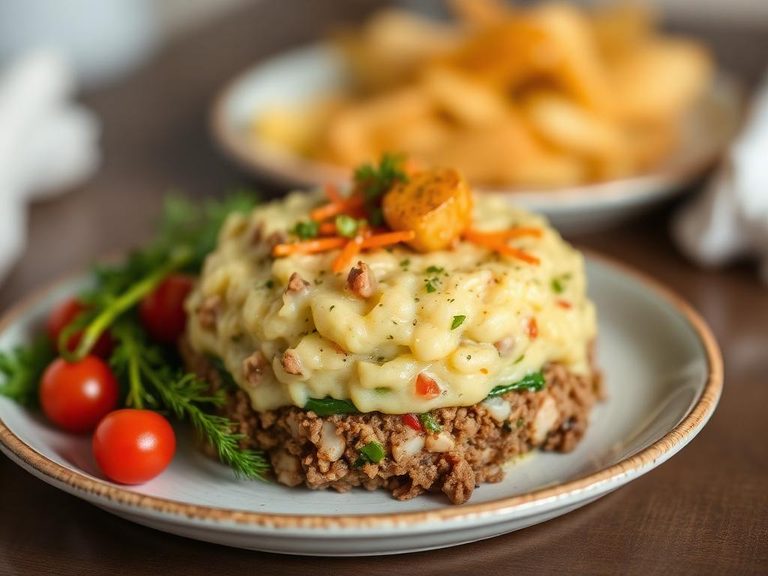 Layered in a simple vegetable-meat mash