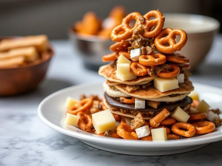 Layered in a snack mix with pretzels and cheese
