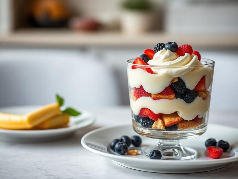 Layered with pudding and fruit in a trifle