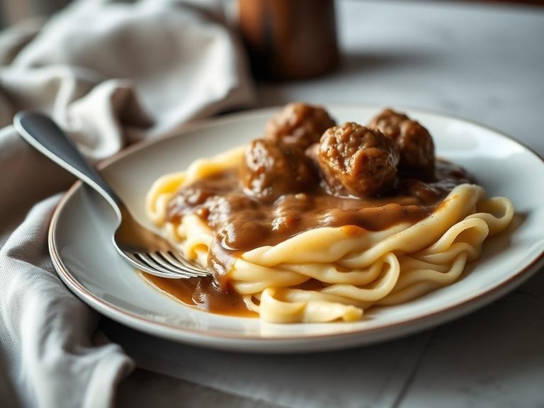 Lefse with meatballs and gravy
