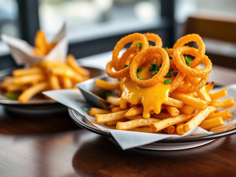 Loaded Cheese Fries with Onion Rings