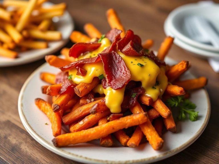 Loaded Sweet Potato Fries with Cheese and Bacon