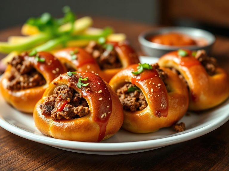 Meat-topped pretzel rolls