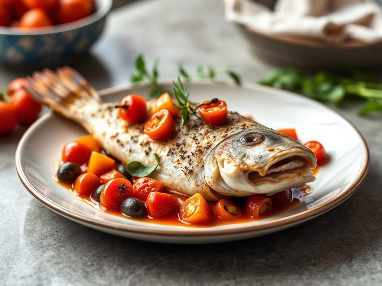 Mediterranean baked bass with tomatoes and olives