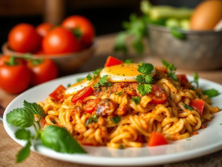 Menemen (Turkish scrambled eggs with tomatoes, peppers, and spices)