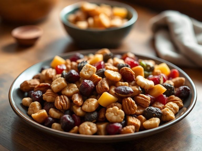 Mixed into a snack trail mix with nuts and dried fruit
