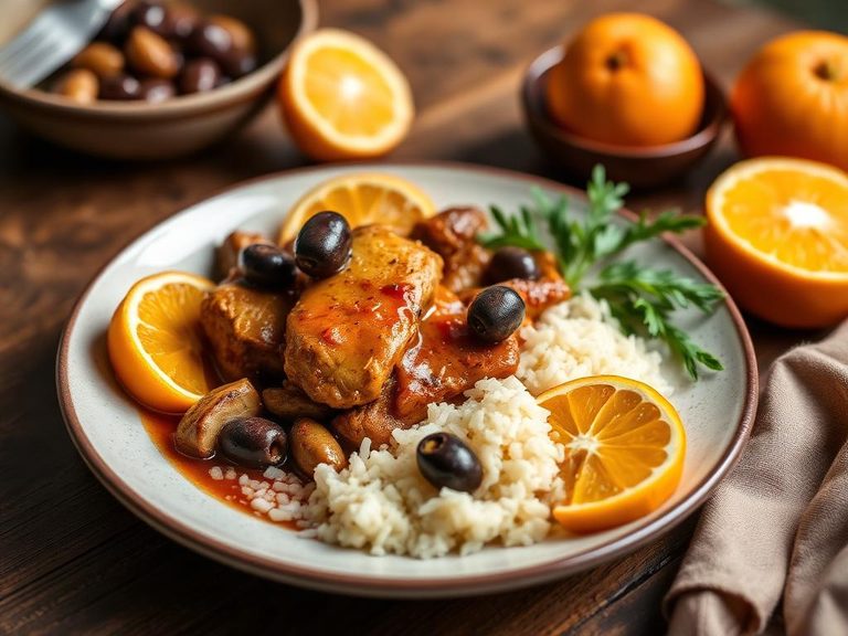 Moroccan chicken tagine with olives and clementines