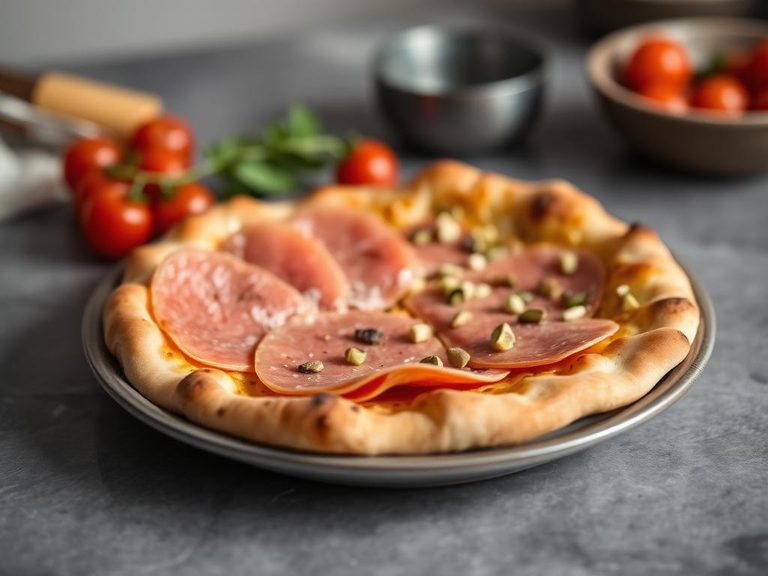 Mortadella and pistachio pizza