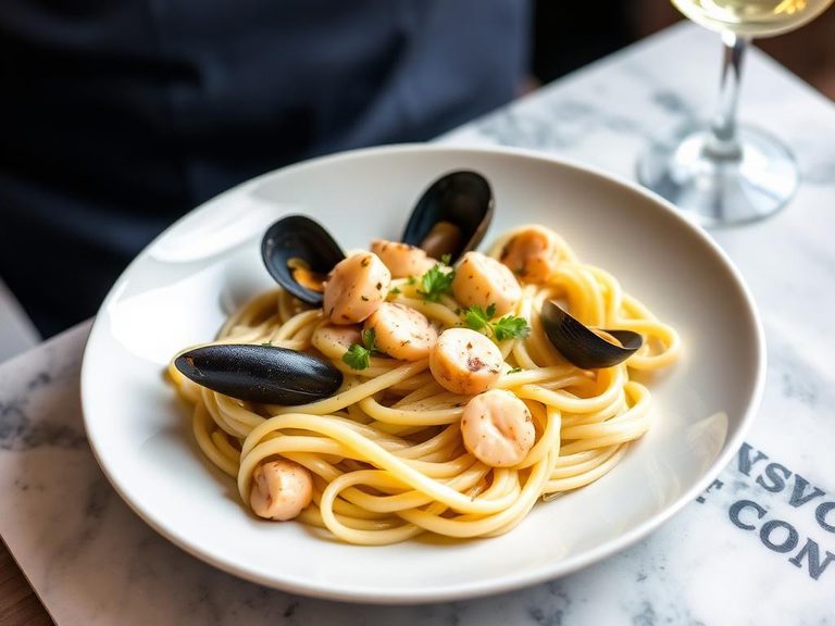 Mussel and Scallop Pasta in White Wine Cream Sauce