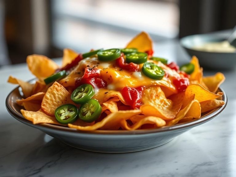 Nacho-style chips with melted cheese and jalapeños