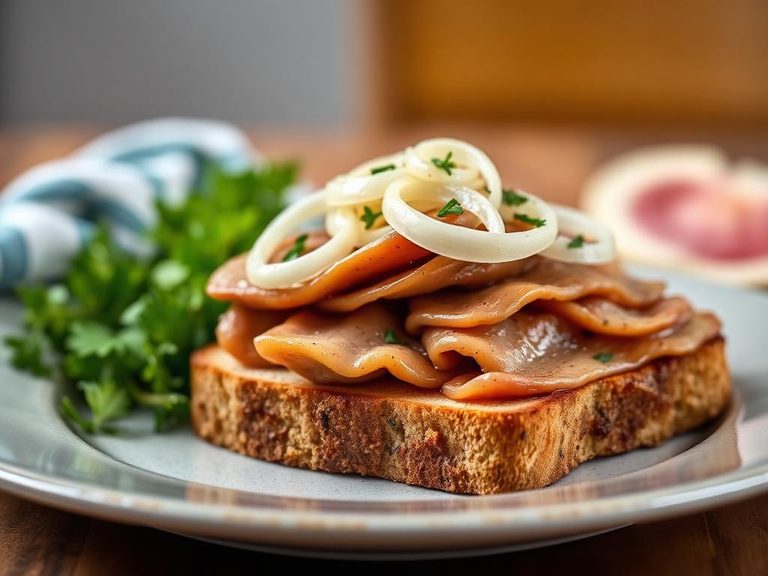 Open-faced sandwich with liverwurst and onion