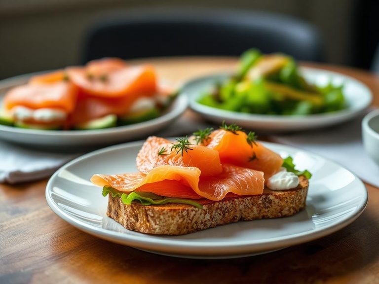 Open-faced sandwich with smoked salmon and cream cheese