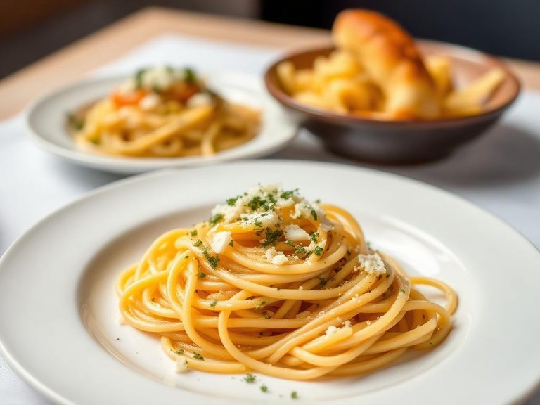 Over warm pasta with herbs and cheese
