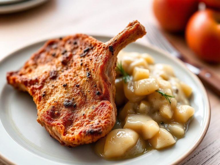 Pan-fried pork chops with applesauce