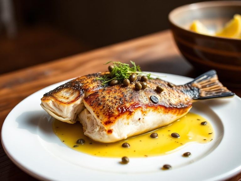 Pan-seared bass with caper butter sauce