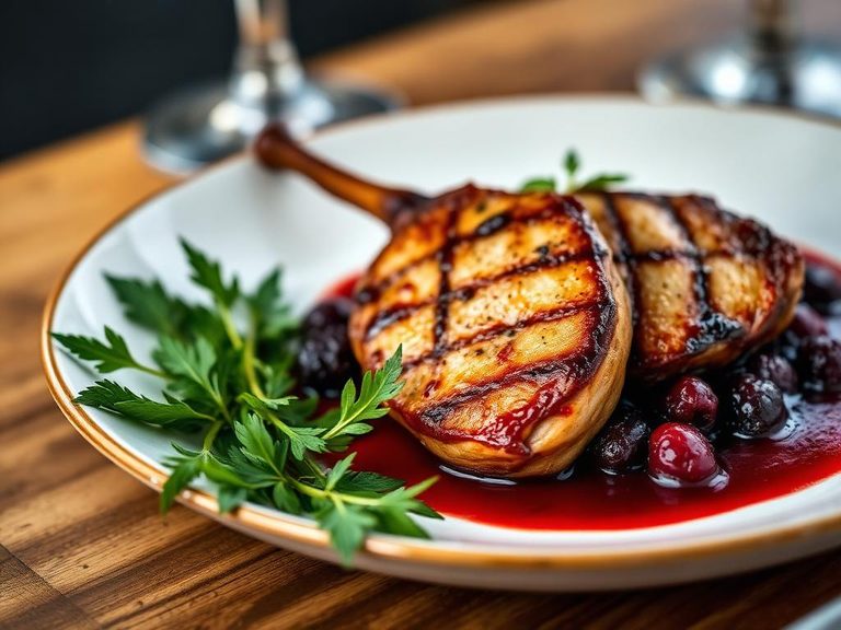 Pan-seared grouse breast with a berry reduction