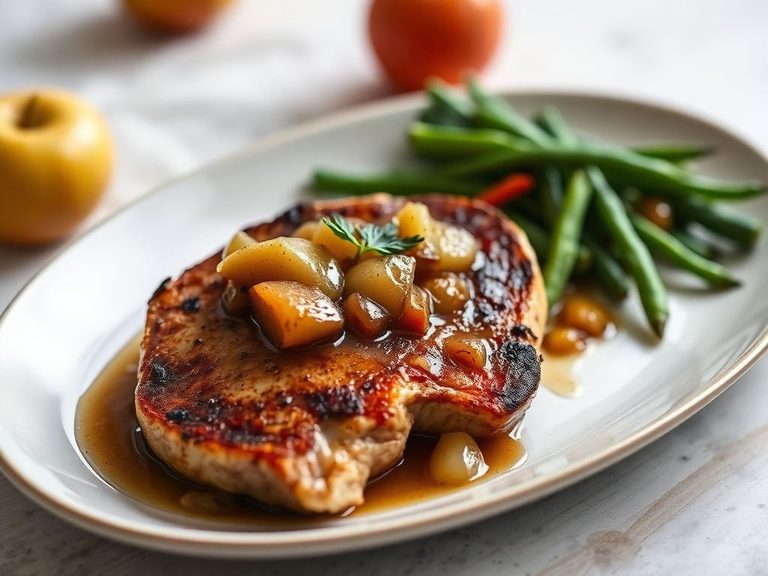 Pan-seared pork chops with apple compote