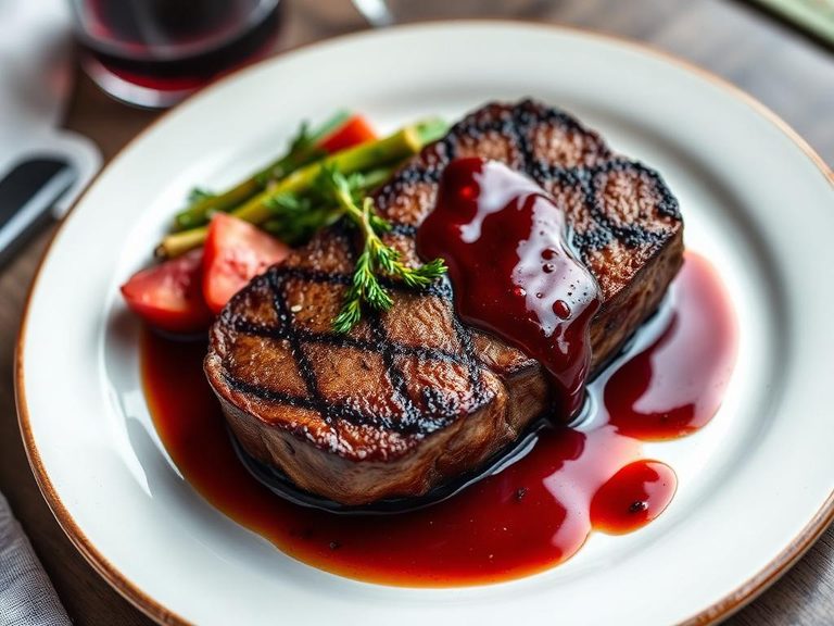 Pan-seared venison steak with red wine reduction