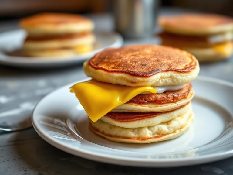 Pancake breakfast sandwich with egg and cheese
