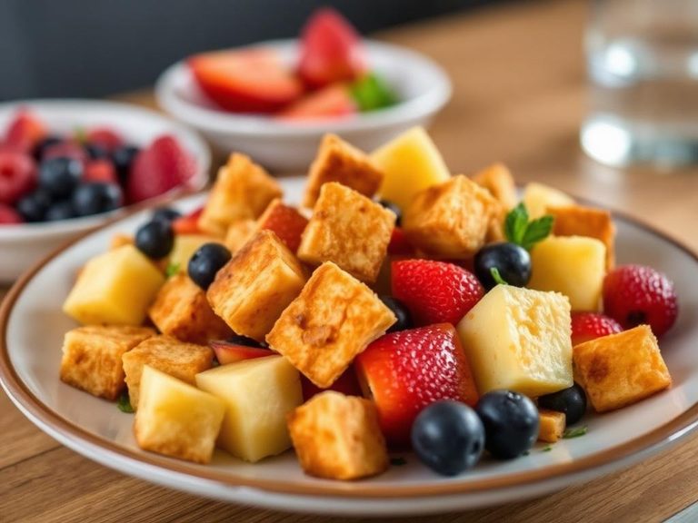 Pancake 'croutons' in a breakfast fruit salad