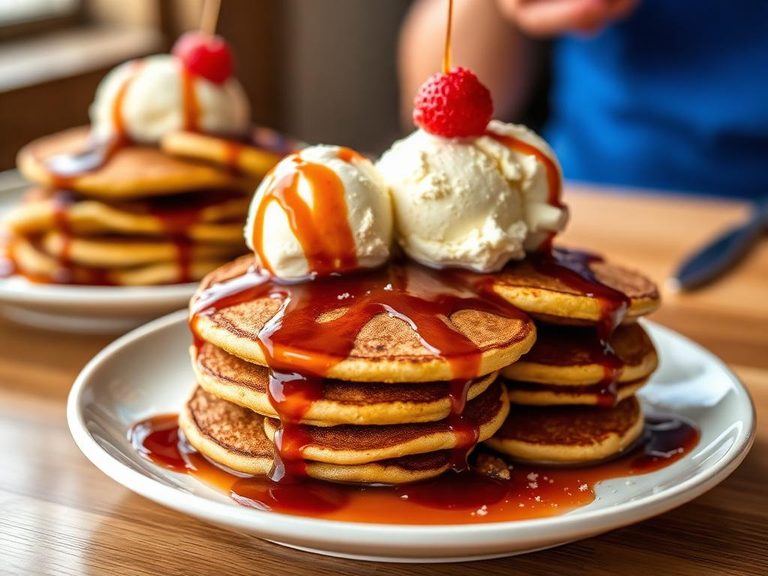 Pancake sundaes with ice cream and sauce