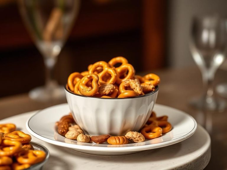 Party snack bowl with pretzels and nuts