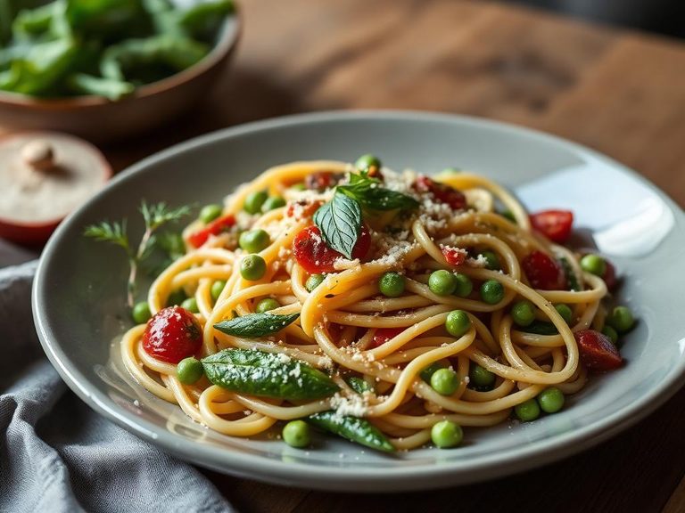 Pasta primavera with snow peas