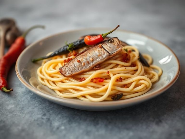 Pasta with mackerel, garlic, and chili