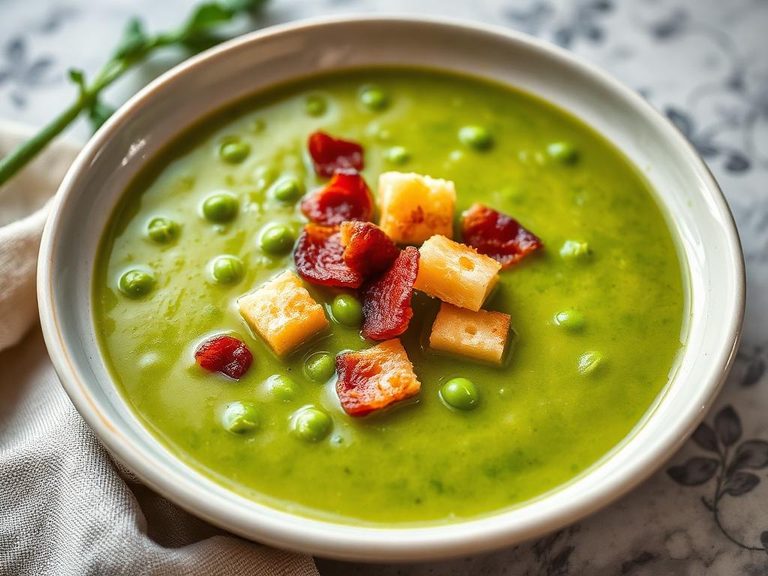 Pea Soup with Croutons and Bacon
