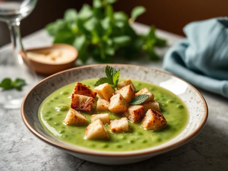 Pea Soup with Croutons and Mint