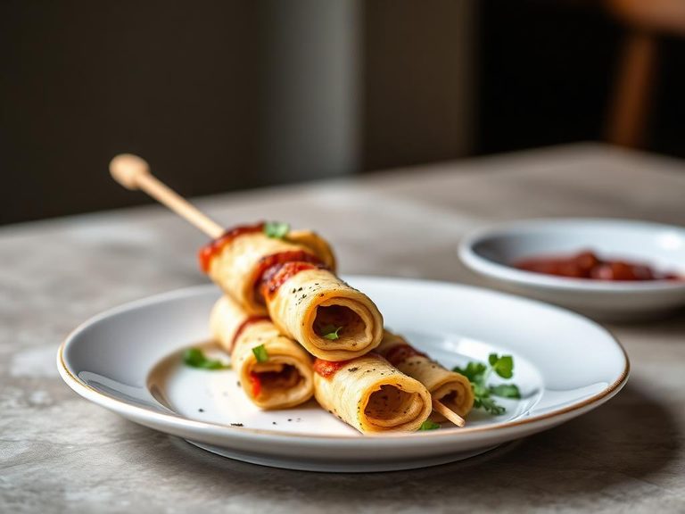 Pizza Roll Skewers (threaded with vegetables for a fun presentation)