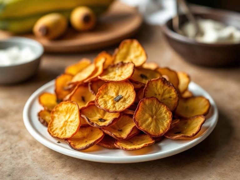 Plantain chips (thinly sliced and fried or baked)