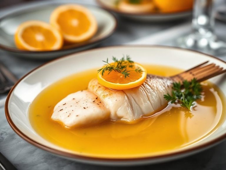 Poached fish in citrus broth