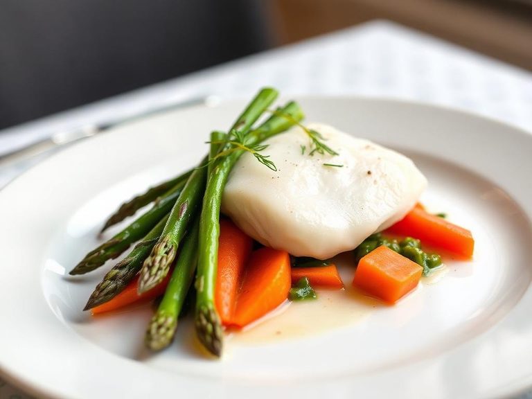 Poached Halibut with Steamed Asparagus and Carrots