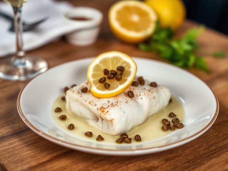 Poached pout with lemon and capers