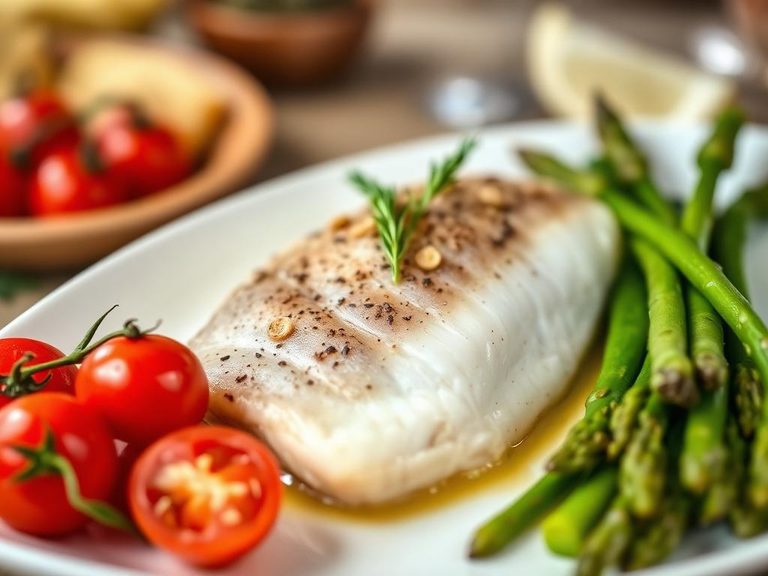 Poached Sole with Asparagus and Cherry Tomatoes