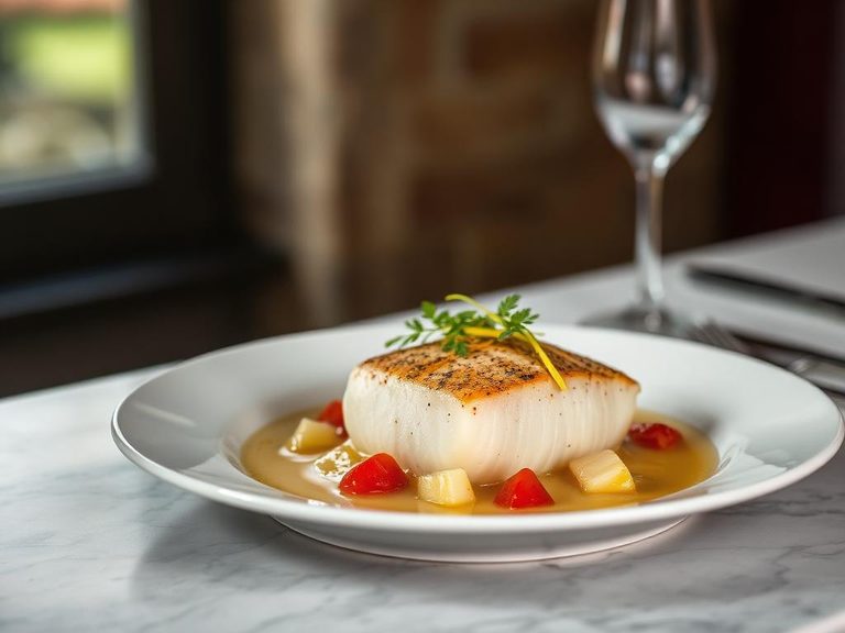 Poached turbot in court-bouillon